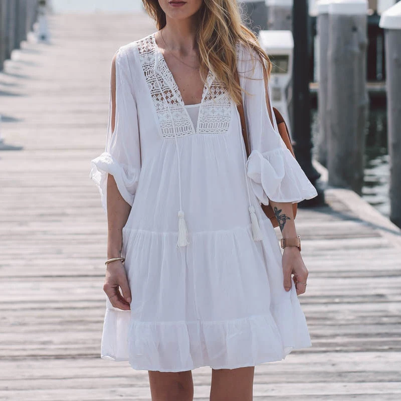 cute bathing suit cover ups Fashion Women Casual V-Neck  Sleeve Lace Trim Off Shoulder Beach Dress Mesh White Cover Up Short Mini Dress Tops bathing suit wrap cover up