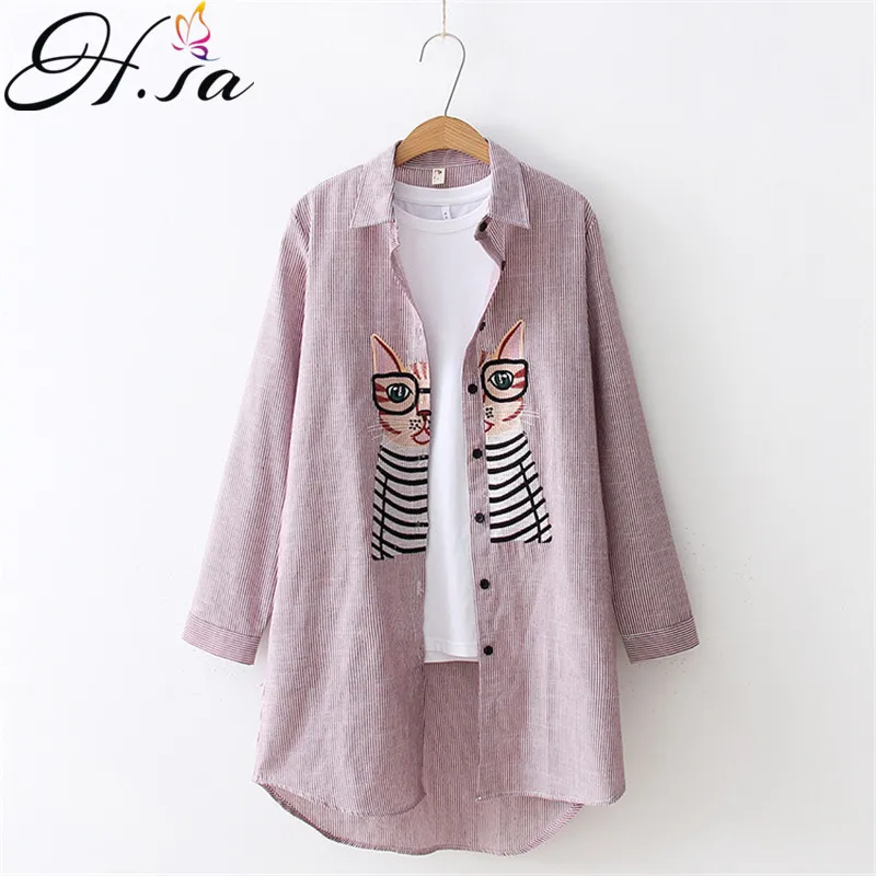 H.SA 2018 New Fashion Women Long-Sleeve Blouses Casual Embroidery Cat Shirts Women Top and Blouses Cotton Long roupa feminina