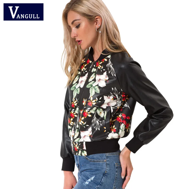 

Vangull Black Soft Leather Motorcycle Baseball Jackets Zipper New Ladies Spring Autumn PU Print Floral Leather Slim Coat Outwear