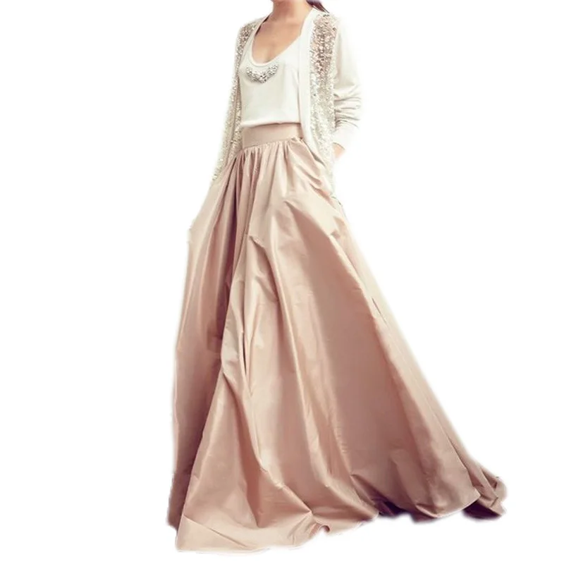 

Retro 2017 Nude Color Formal Sastin Long Skirts For Women To Party Ball Gowns With Pocket Custom Made Wide Waistnad Female Skirt