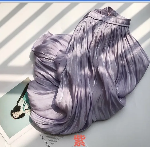 Light Purple Плиссированные женские юбки модные эластичные Высокая талия сияющий металл шелковистая гладкая длинная юбка женская Повседневная белая Jupe Faldas Mujer - Цвет: Light Purple