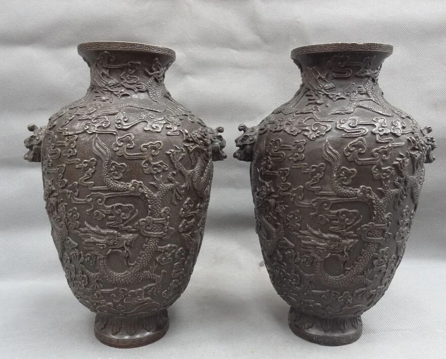 

song voge gem S2888 10" Chinese Bronze Buddhism Myth Fly Dragon Ball Statue Lion Head Vase Pot Pair