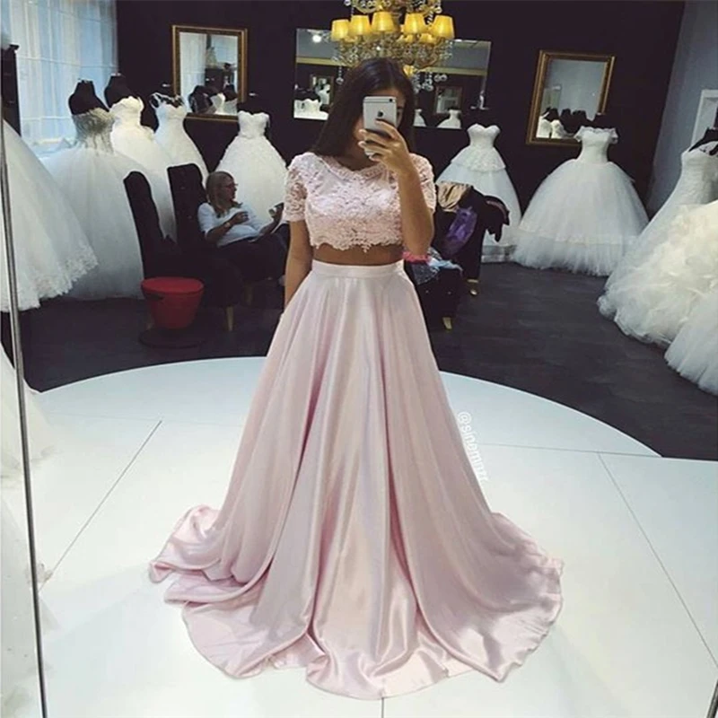 2 Pieces Pink Long Evening Dress Lace 