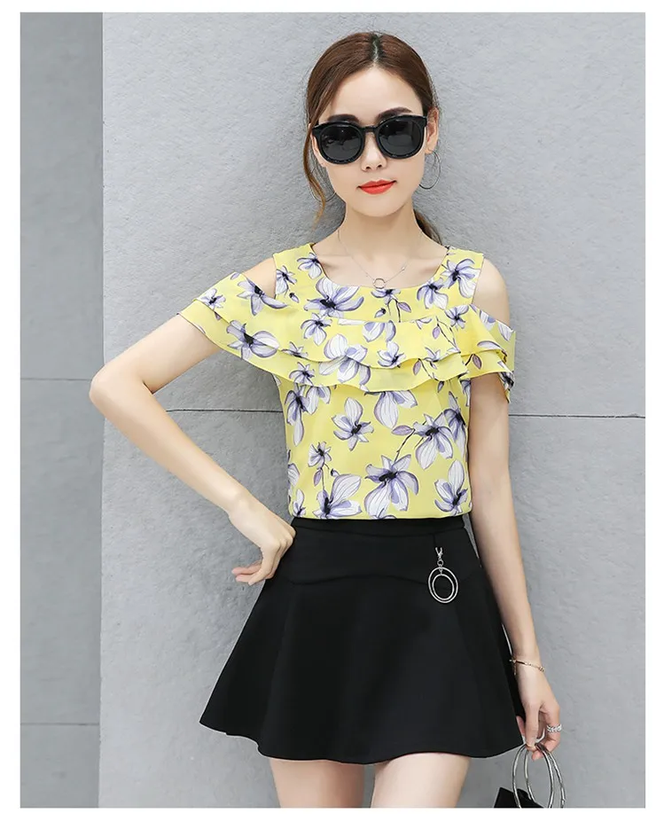 Blusas Femininas 2018 Women Open Shoulder Tops Female Casual Short Sleeve Chiffon Blouses Print Floral Shirts Ladies Tops (7)