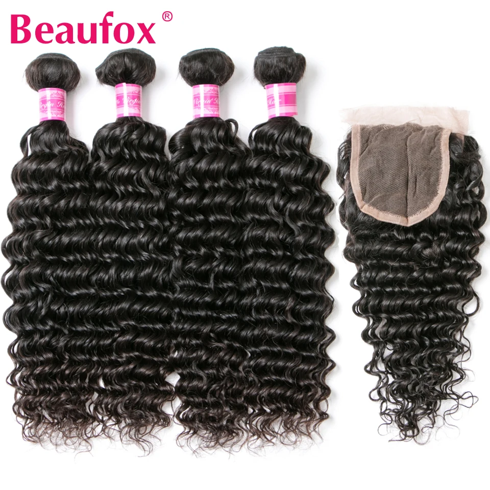 Beaufox бразильский глубокая волна Связки с закрытием Remy натуральные волосы Ткань Связки с кружевом Закрытие естественный Цвет Бесплатная