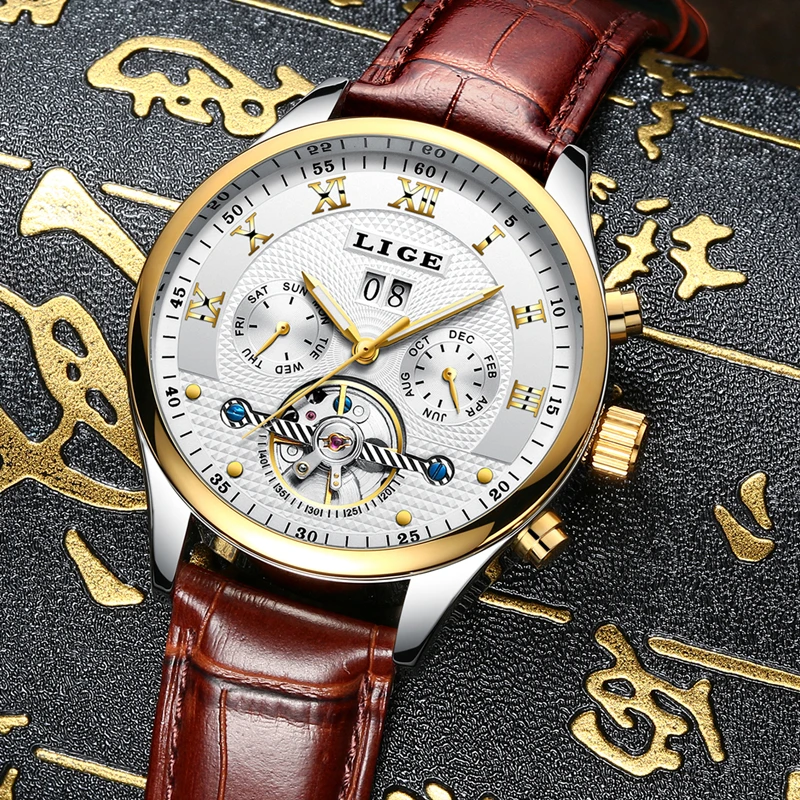 ييج الأزياء ساعة رياضية الرجال الأعمال جلد ساعة رجل الأعلى العلامة التجارية الفاخرة التلقائي الميكانيكية ووتش Relogio Masculino
