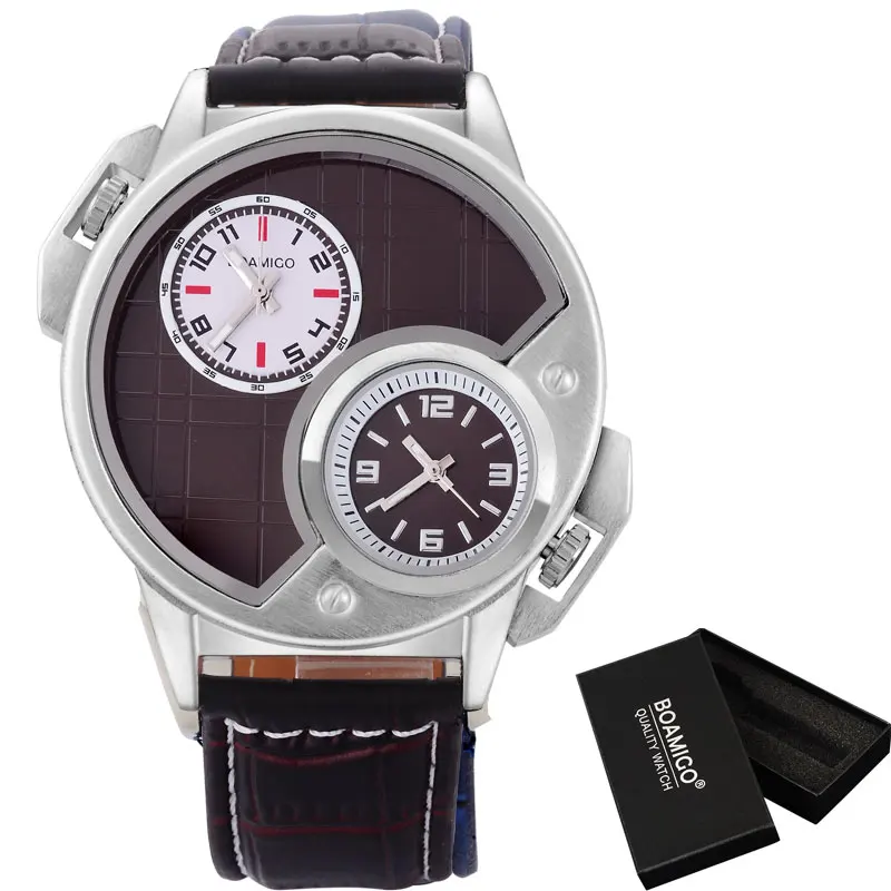 BOAMIGO брендовые часы, модные повседневные мужские кварцевые часы, бизнес часы с двойным временем, наручные часы с кожаным ремешком, часы Relogio Masculino - Цвет: brown box