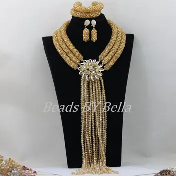 

Exclusive Nigerian Wedding African Beads Jewelry Set Bridal Lace Jewlery Gold Crystal Beads Women Necklace Free Shipping ABF473