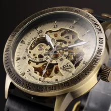 Vintage Bronze Men Wristwatch Skeleton Clock Male Leather Strap Antique Steampunk Casual Automatic Skeleton Mechanical Watches
