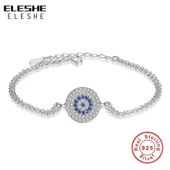 

ELESHE Authentic 925 Sterling Silver Chain Bracelet with Round Blue Eyes CZ Crystal Bracelets for Women Fashion Jewelry Gift