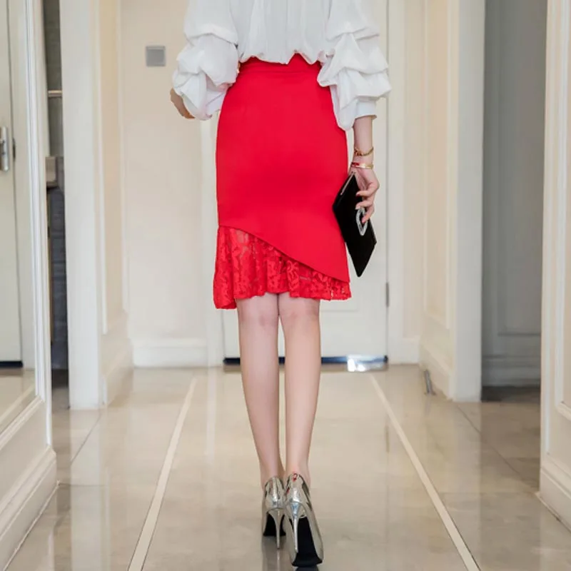 5XL размера плюс черная юбка-карандаш кружевная Лоскутная облегающая юбка женская серая красная летняя юбка-Русалка с эластичной талией Saias Longas