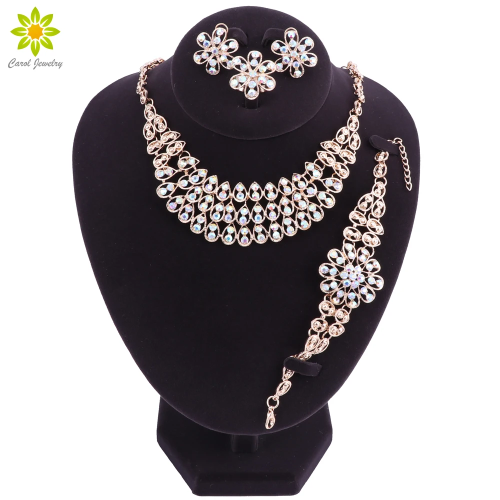 

2018 High Quality Italian Women Fashion Bride Wedding Gold Color Jewelry Necklace Bracelet Ring Earrings Crystal Jewelry Sets
