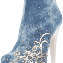 Лидер продаж; женские синие джинсовые ботильоны с металлическими вырезами; короткие ботинки с цветочным узором; шикарные модельные ботинки с украшением в виде кристаллов