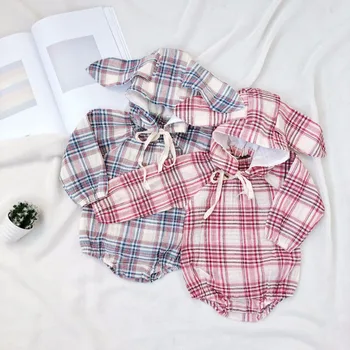 

toddler rompers 2018 newborn baby clothes Large plaid pattern cotton cute Small rabbit modeling jumpsuit girl rompers