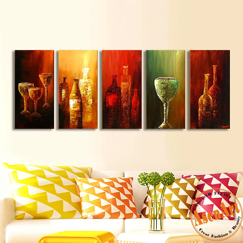 

2016 New 5 Piece Abstract Handpainted Wine Bottle Oil Painting Modern Abstract Canvas Wall Pictures Decoration Sets No Frame