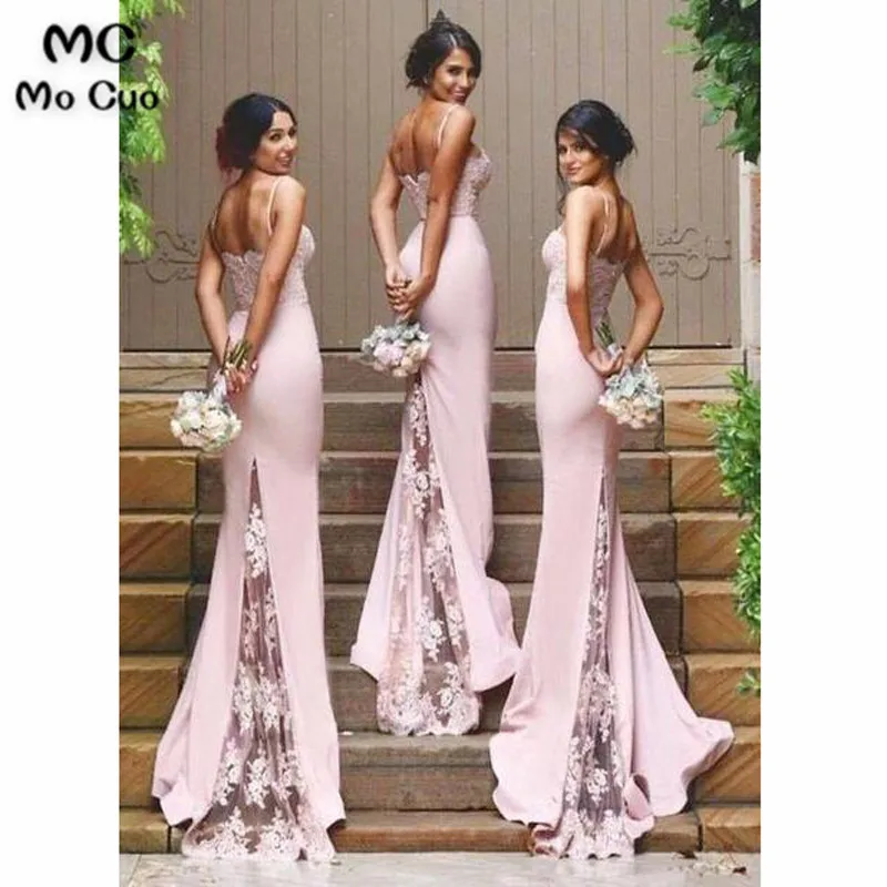 Stylish Mermaid Spaghetti Straps Pink Satin Long Bridesmaid Dress with Appliques