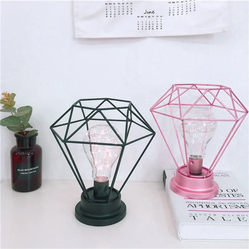 LED Iron Diamond Night Lights Candle Lamp Bar Store Table Desk Bedside Decor Bulb Pink Black Wedding Holiday Fairy Romantic Gift (8)