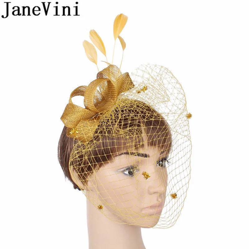 JaneVini Винтаж золотые свадебные Шапки и Fascinators женские свадебные вечерние шляпа Перья для волос Pin чистая клетка покрывал Afrikaanse Hoed