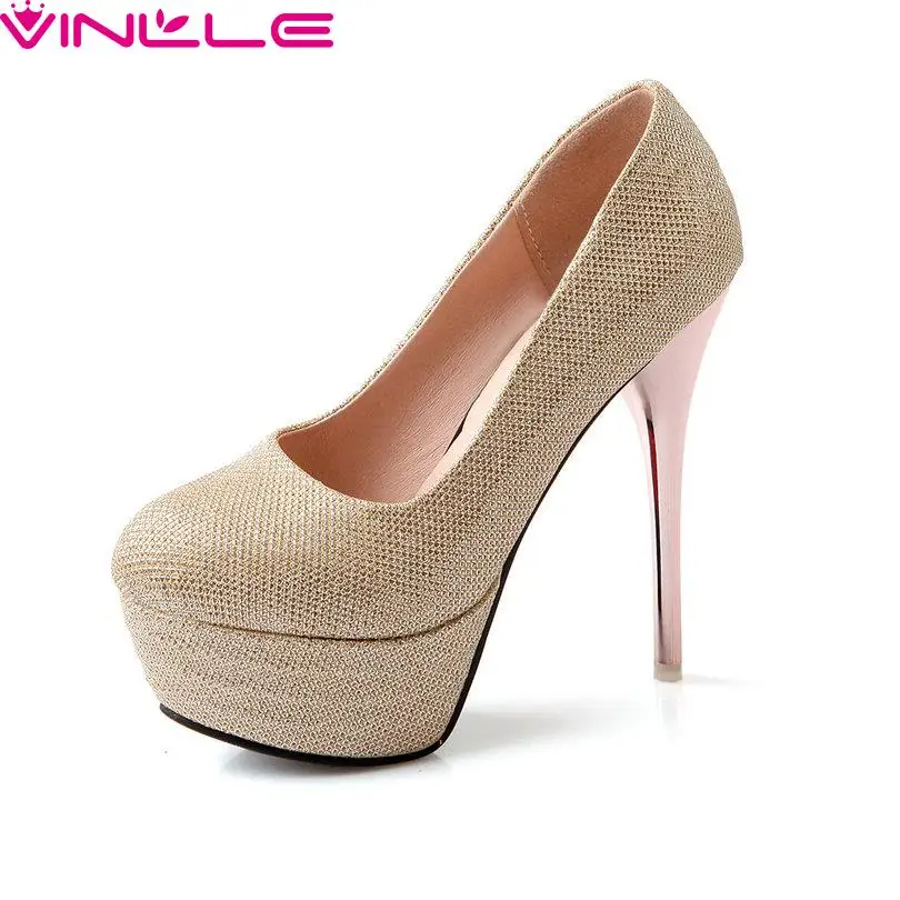 

Slip On Round Toe  Basic Miss Shoes,Thin High Heel PU leather Fashion Ladies Pumps Spring Autumn Women Shoes Size 32-43 Golden