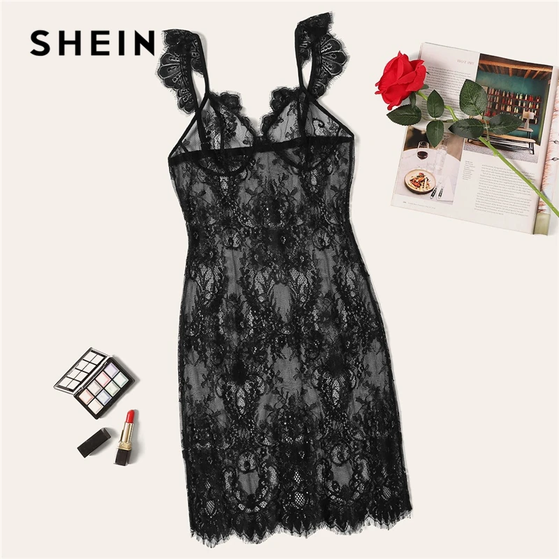 

SHEIN Sexy Black Sheer Scallop Trim Slip Lace Camisola Nightdress Women Summer 2019 Solid Mini Sexy Sleepwear Nightwear
