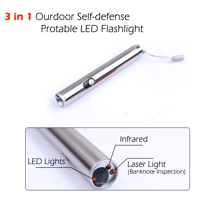 3 в 1 из нержавеющей стали Открытый лазерный светодиодный фонарь самообороны мини портативный фонарь из алюминиевого сплава высокой мощности светодиодный брелок