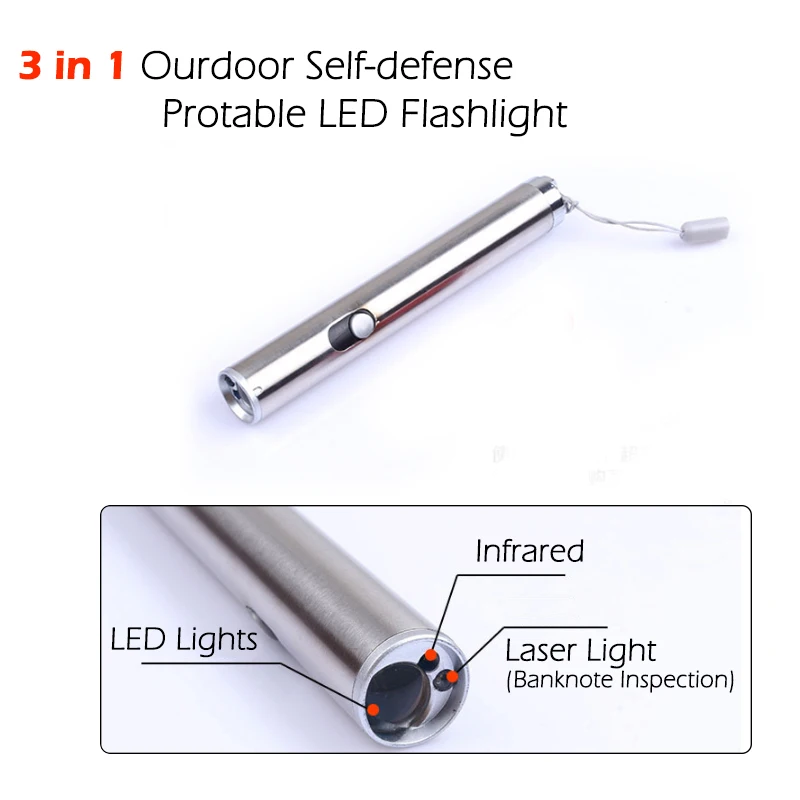 3 in 1 Stainless Steel Outdoor Laser LED flashlight Self-defense Mini Protable Aluminium Alloy Torch High Power Led Keychain 3 in 1 Stainless Steel Outdoor Laser LED flashlight Self-defense Mini Protable Aluminium Alloy Torch High Power Led Keychain