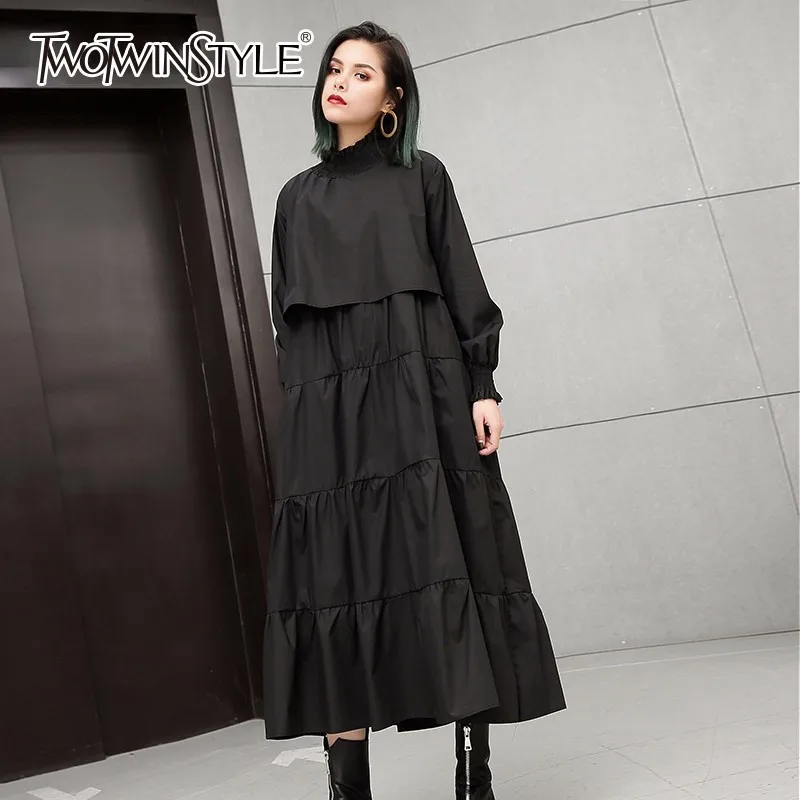 

TWOTWINSTYLE Shirt Dress For Women Stand Collar Long Sleeve Patchwork Oversize Long Dresses 2019 Summer Fashion Casual Clothing