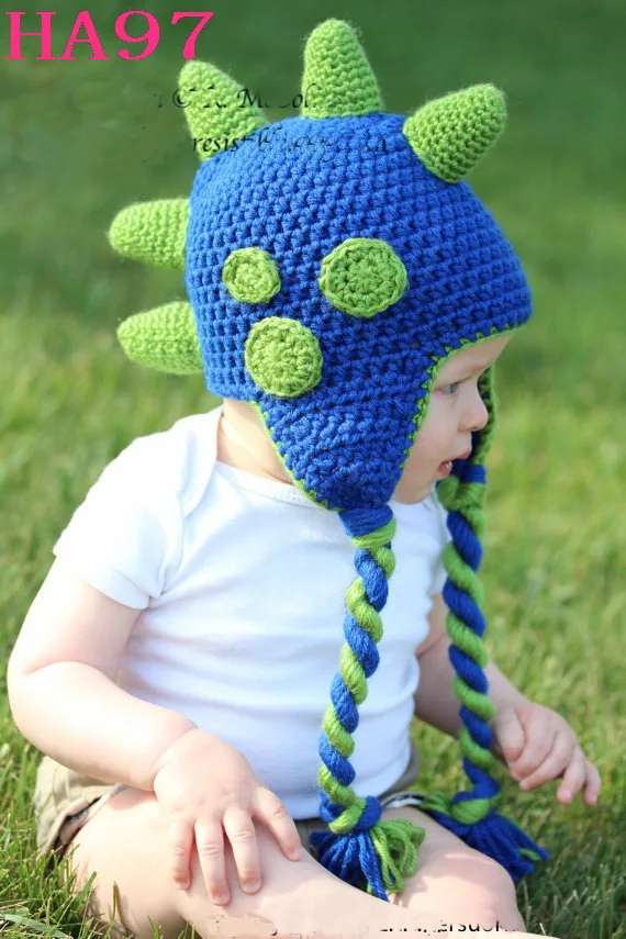 

New Dinosaur Design Baby Hat Crochet Knitted Cotton Children Handmade Animal Beanie Cap Infant Winter Warm Earflaps Hat