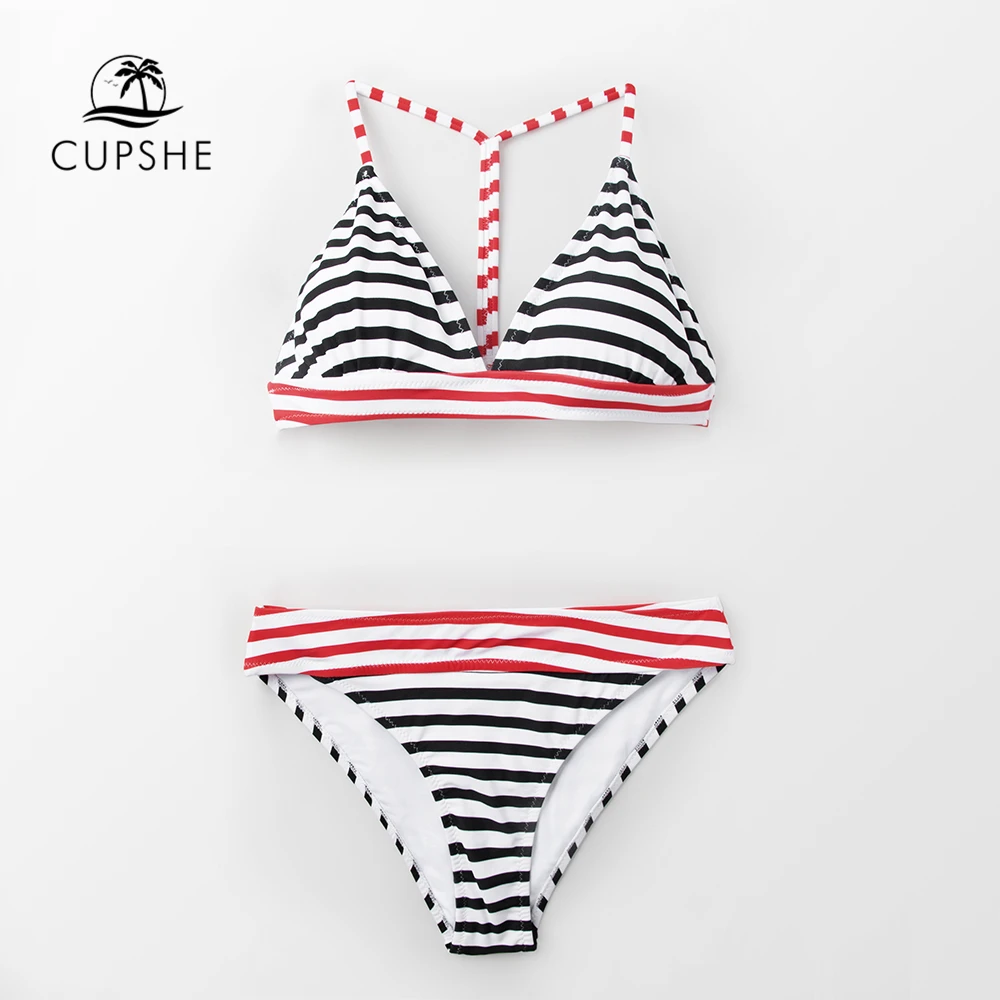 

CUPSHE Sexy Red And Black Stripe Triangle Bikini Sets Women Thong Two Pieces Swimsuits 2019 Girl Beach Bathing Suits