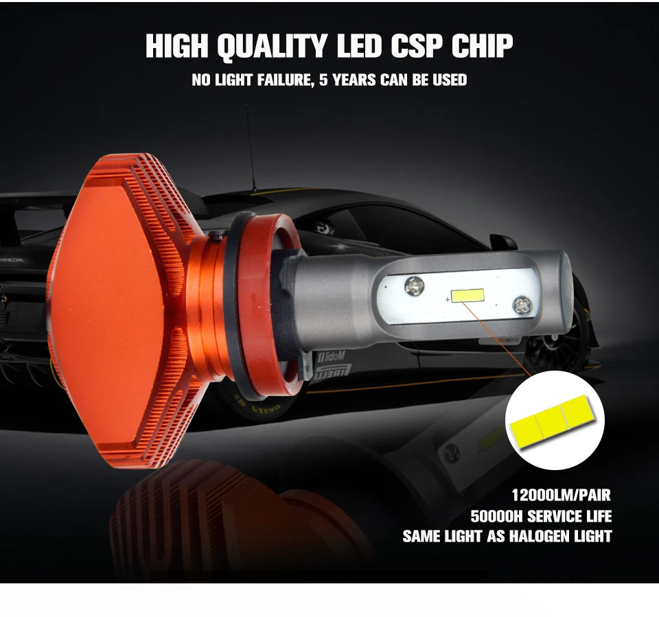 Aceersun CSP 80W H11 H9 H8 single Beam Fanless LED Headlight Bulbs 12000LM 6500K 12v 24v Auto Led Headlamp Fog Lamp for Toyota (4)