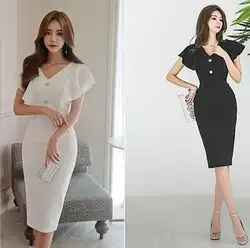 Новые пикантные черный, белый цвет облегающее платье с рукавом-бабочкой Для женщин Fsahion вечерние разрез Паб платье для выпускного вечера