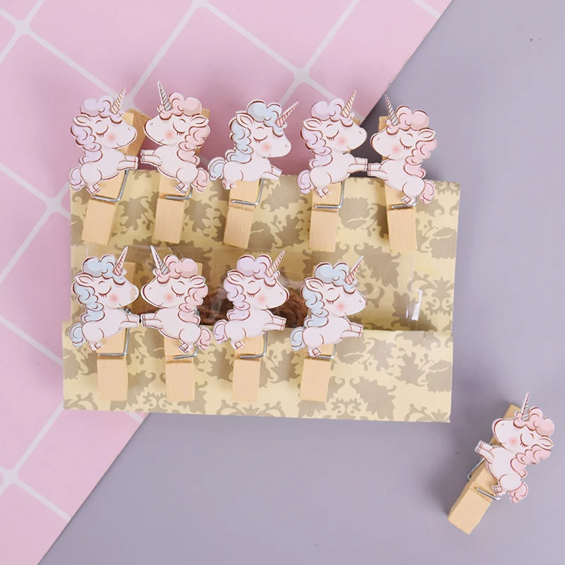 

10 pcs/lot Cute unicorn animal photo clips wooden clip DIY photo wall decoration clip craft pegs with hemp rope