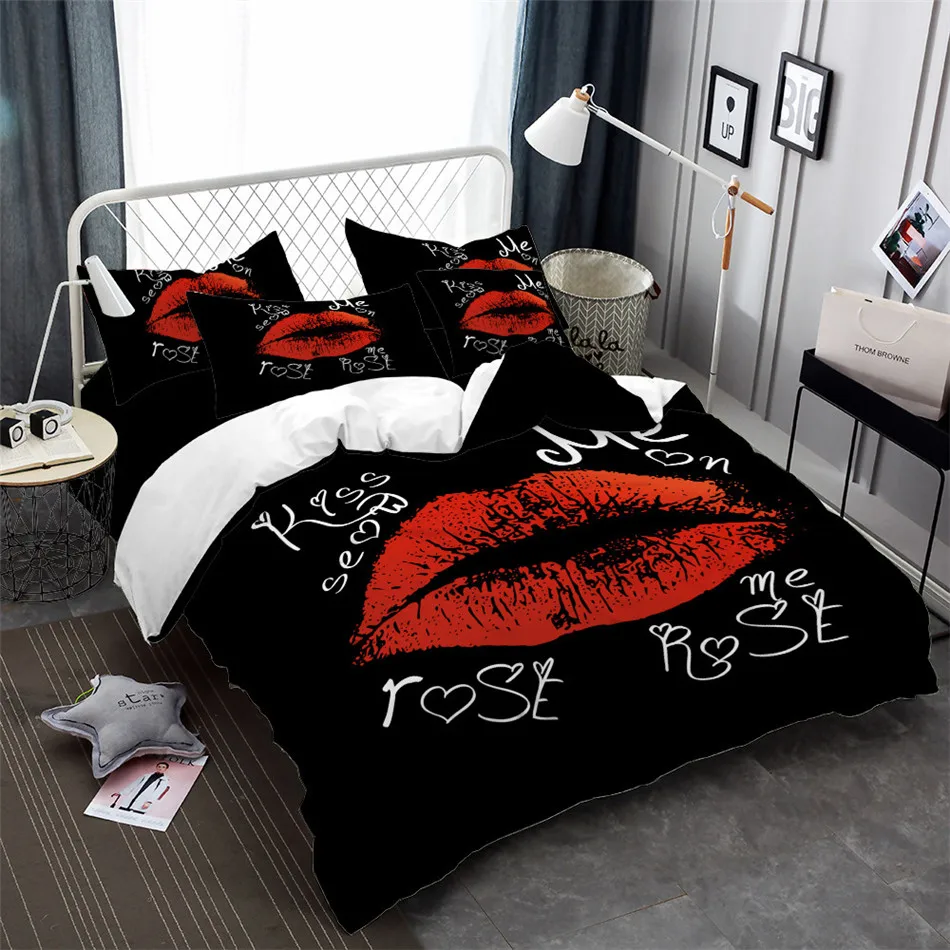 Romantic Couples Bedding Set Red Lips Letter Print Duvet Cover Set Ladies Sweet Bedding