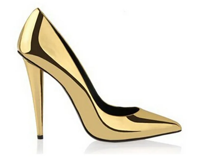 Luxury stylish pointed toe pumps gold patent leather high heels footwear spike heels sapatos