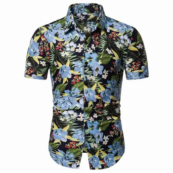 

2019 new foreign trade leisure fashion personality floral print square collar row button beach party men short sleeve shirt