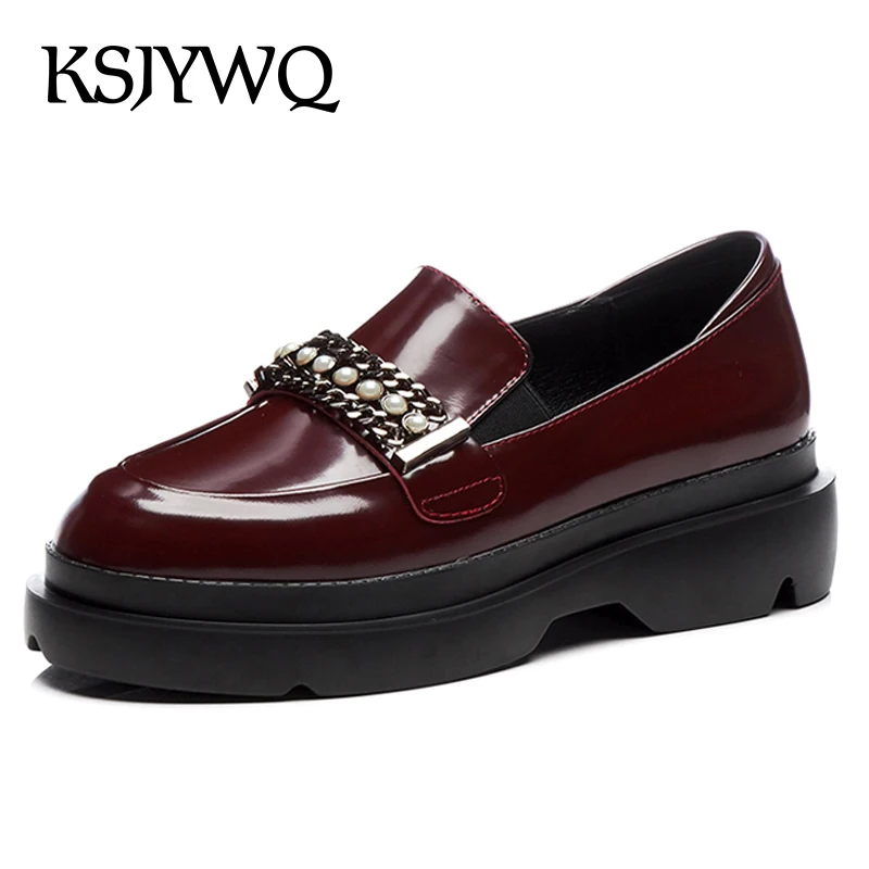 

KSJYWQ Genuine Leather Women Flat Platform Shoes 5.5 CM Thick Soles Slip-on Pearls Red Loafers Casual Flats Box Packing D-619