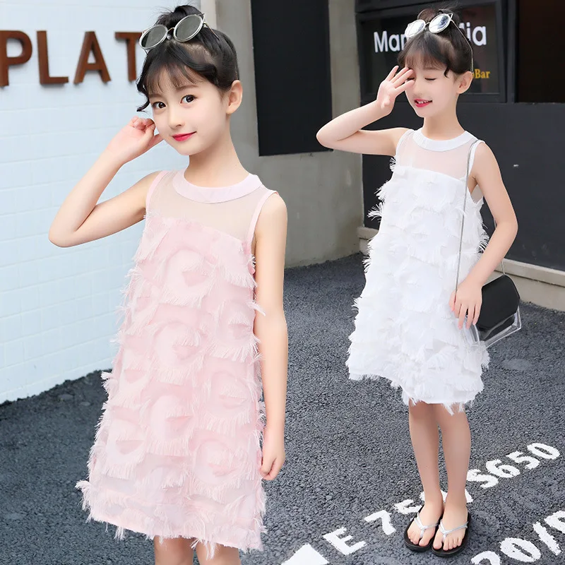 

Dresses for Girls Summer Dress Kids 2019 Children Princess White Elegant Wedding Party Feathers Sleeveless 3 to 13 Years