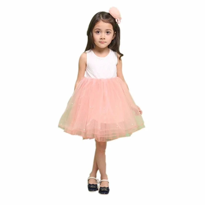 

2017 girl party flower dress baby tutu dresses for girls lace baby vest baptism dresses pearls kids wedding Princess dress
