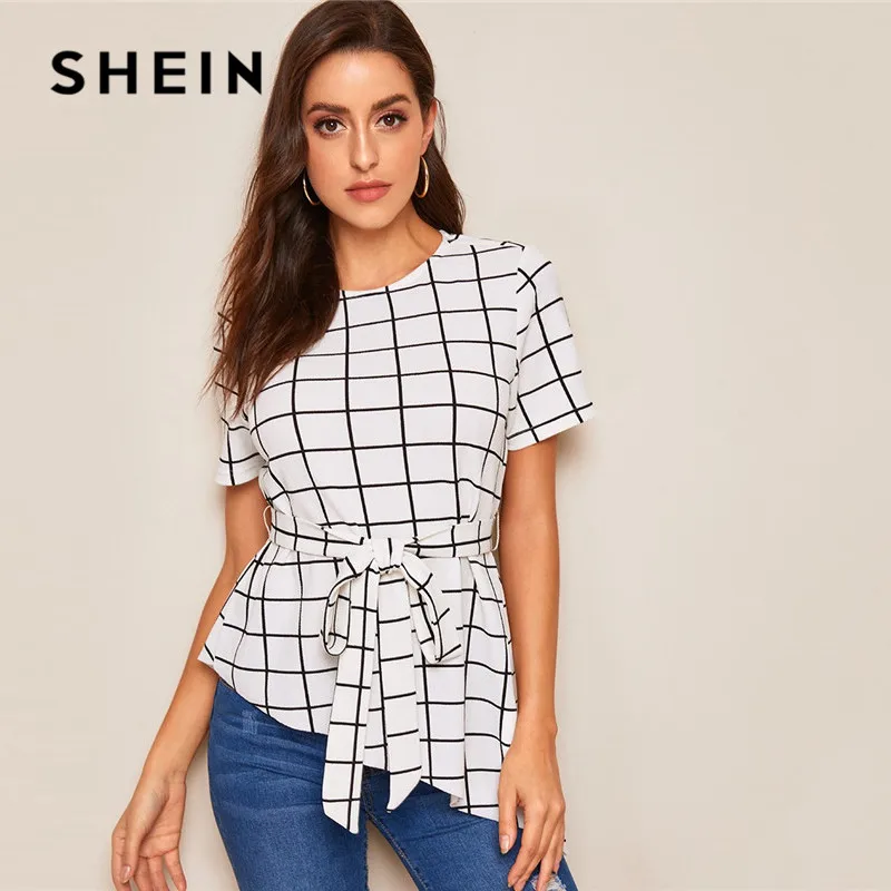 

SHEIN Asymmetrical Hem Belted Grid Summer Blouse Women Clothes 2019 OL Elegant Short Sleeve Round Neck Blouse Ladies Tops