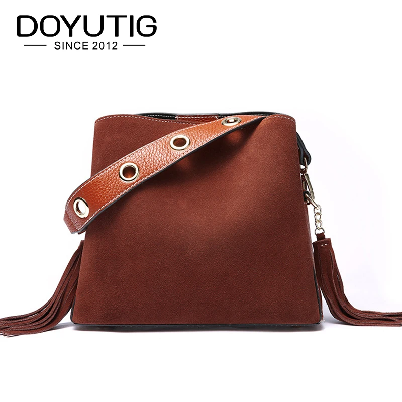 

DOYUTIG Elegant Women's Genuine Leather Bucket Bag With Tassel Lady Classical Single Shoulder Bags Real Cow Leather Handbag F585