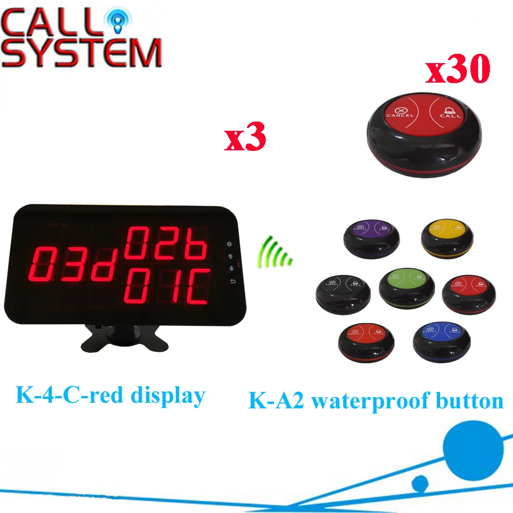 Wireles Service Calling Buzzer System Professional Waiter Call Bell Buzzer 433.92mhz Full Set( 3 display+30 call button )