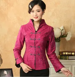 Ярко-розовый китайских Для женщин Традиционный Тан костюм Топы корректирующие хлопковая куртка Button Пиджаки v-образным вырезом пальто
