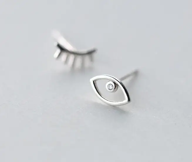 

asymmetric Earrings 1Pair REAL. 925 Sterling Silver Jewelry Eye & Open eyelash Stud Earrings with white CZ Stone lady's GTLE1488
