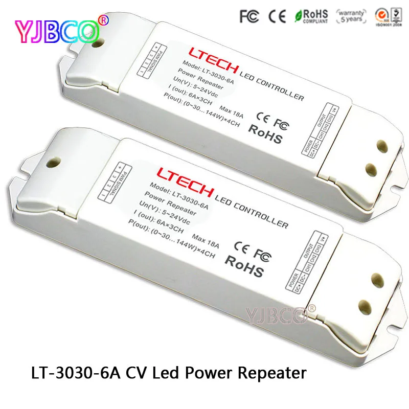 

LED controller LT-3030-6A CV Led Power Repeater(amplifier) DC5V-24V 6A*3CH output accept PWM control for RGB led strip