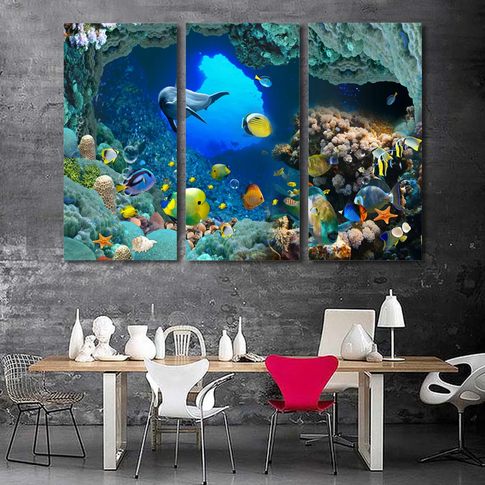 Poster Home Decor HD Printed Living Room Modular 3 Panel Marine Fish ...