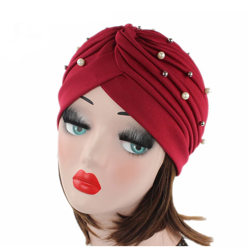 

Spring Autumn Beautiful Beads Ladies Women Head Hats Indian Style Solid Color Cap High Quality Muslim Hats F0323