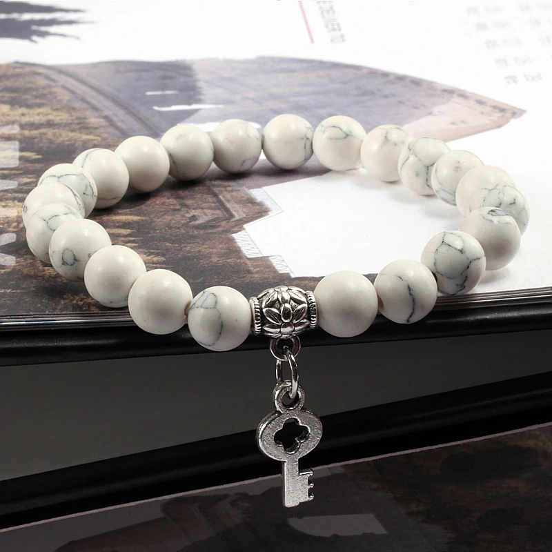Boho, металлический Серебряный брелок, браслеты из бисера, натуральный камень, для женщин, мужчин, 8 мм, Круглый браслет, подвеска, ювелирное изделие, пара браслетов