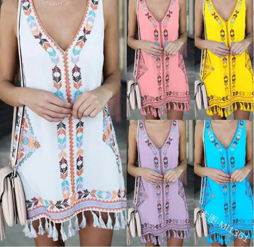 Women 2019 Loose Vintage Vest Tank Ruffles Chiffon Befree Dress Large Big Summer Printed Tassel Maxi Beach Dresses Plus Sizes
