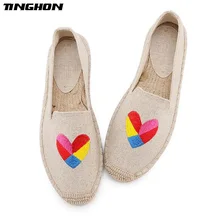 TINGHON модные женские туфли женская обувь Espadrille холст вышивка Сердце Утка Рим Ремешок на щиколотке Hemps обувь на плоской подошве