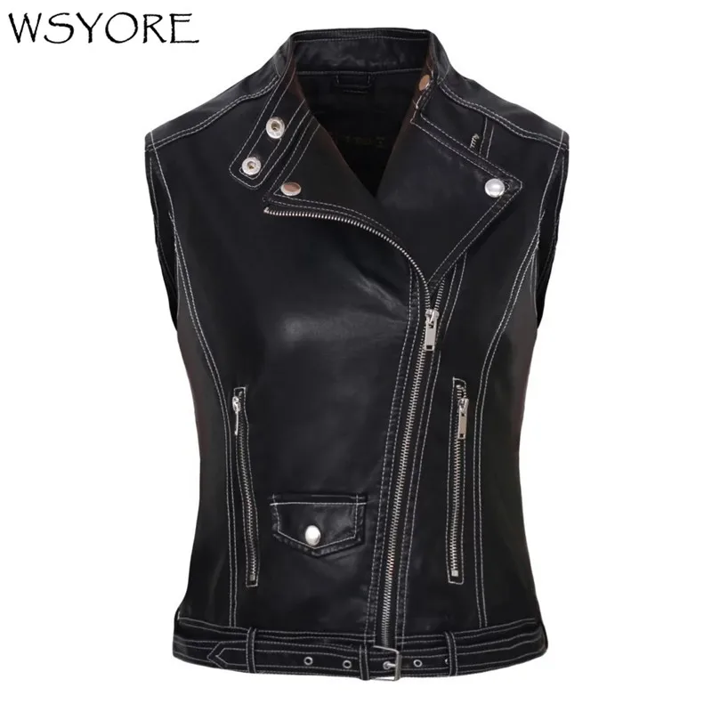 

WSYORE 2019 New Spring and Autumn Europe Women's Sleeveless Locomotive PU Jacket Fashion Lady's Faux Leather Vest NS324